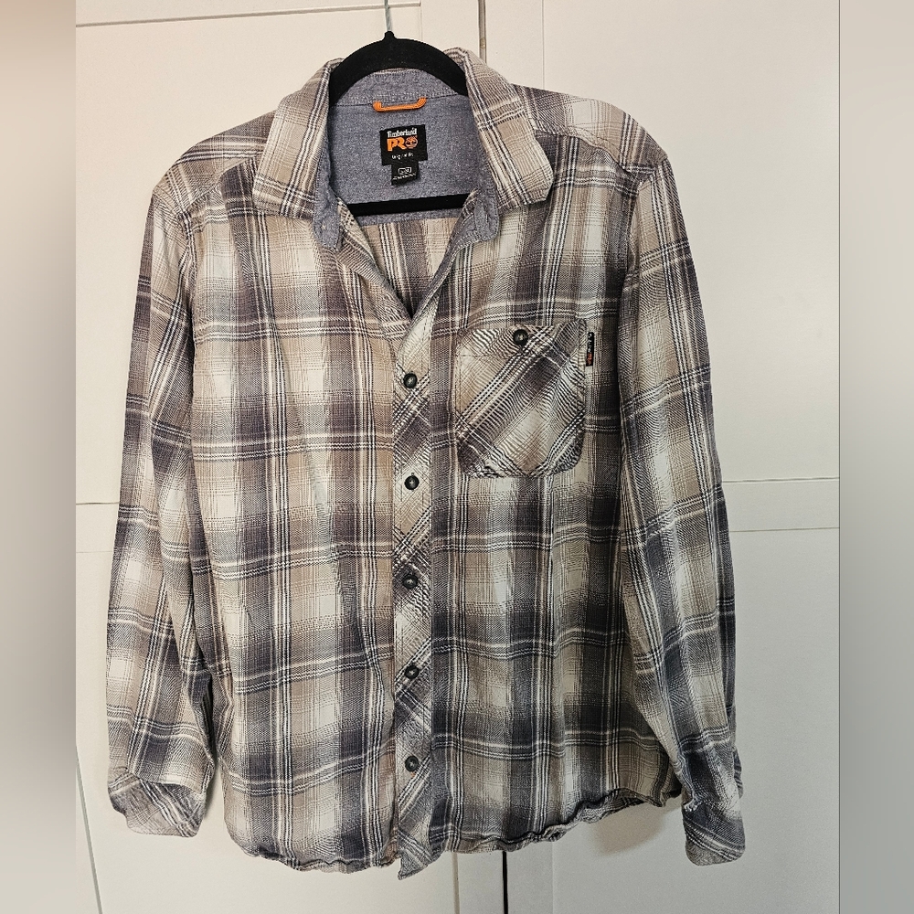Timberland PRO Woodfort Men's Size L Flannel Work Shirt Plaid Gray Brown Cotton